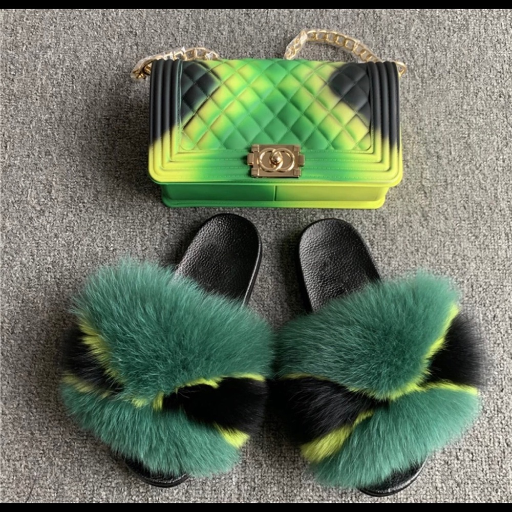 Fur slides set 💚💛🖤💛💚🖤💚💛🖤 Jamaica colors